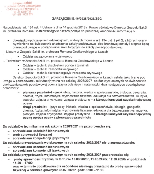 ZARZ�DZENIE W SPRAWIE REKRUTACJI